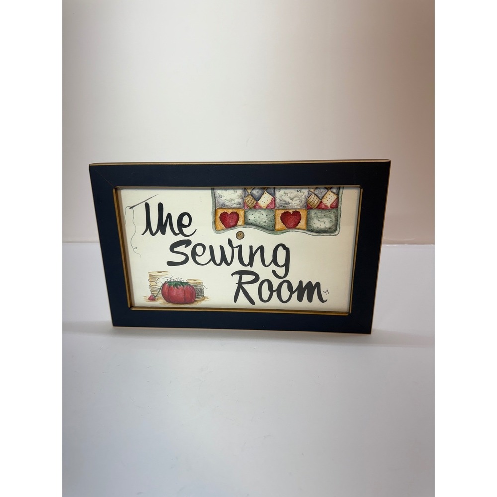 The Sewing Room Framed Wall Art Folk Art Quilt Tomato Pincushion Signed TAM